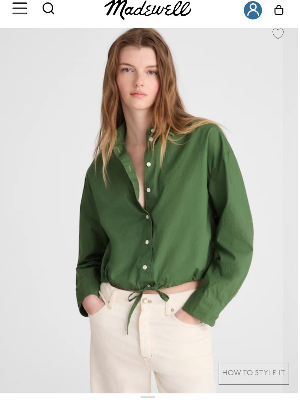 Madewell Forest Green Button-Front Tie-Hem Shirt